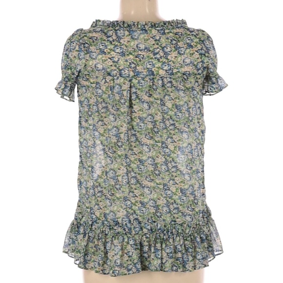 Decree Spring Summer Blue & Green Floral Chiffon Short Sleeves Ruffle Hem Top - Picture 7 of 7